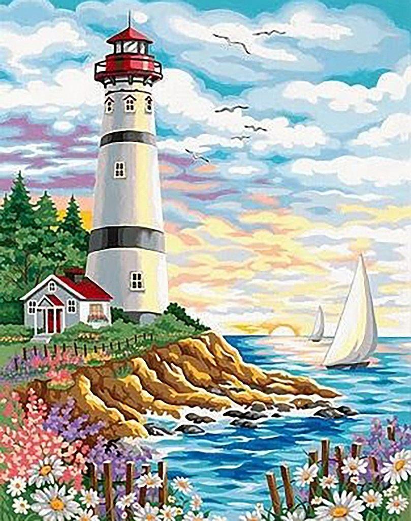 Lighthouse at Sunrise diamond painting kit featuring a self-adhesive canvas, vibrant square acrylic diamonds, and essential crafting tools.