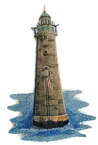 Minot Ledge Lighthouse embroidered patch with vibrant colors and intricate stitching, suitable for iron-on or sewing applications.