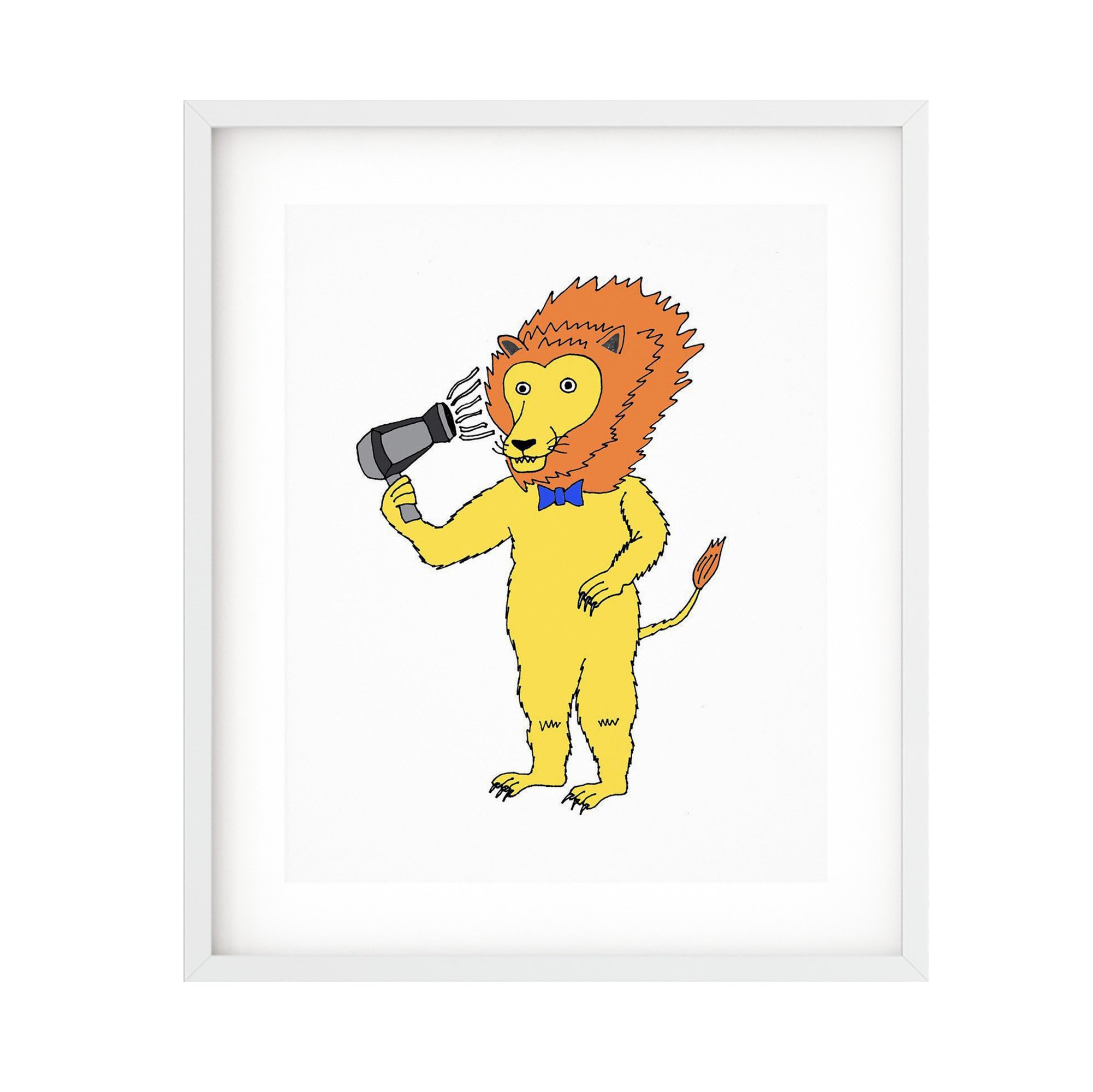 A whimsical illustration of a lion blow-drying its mane, showcasing vibrant colors and playful design.