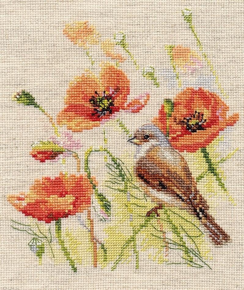 Little Bird 1 1-25 Cross-stitch kit with linen, colorful threads, and needle.