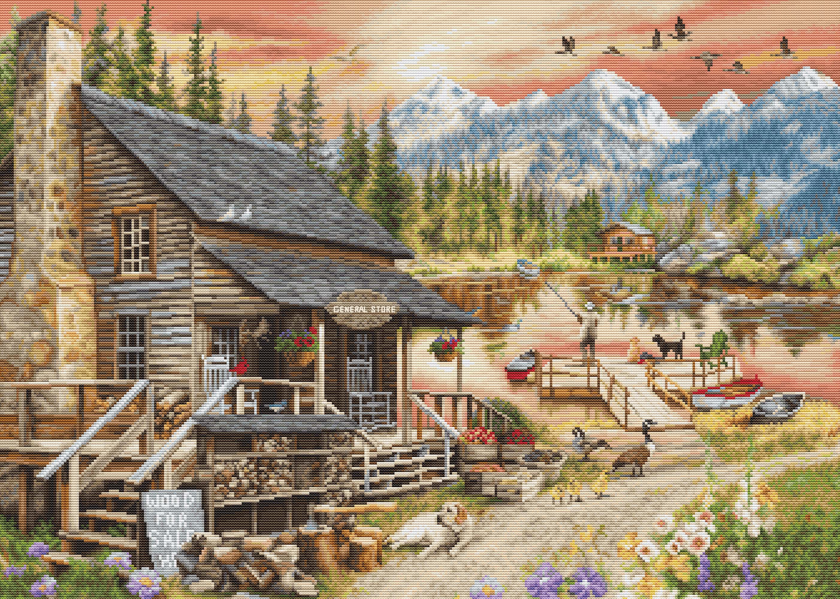 Log Cabin General Store B2413L Counted Cross-Stitch Kit featuring colorful threads, canvas, and needle.