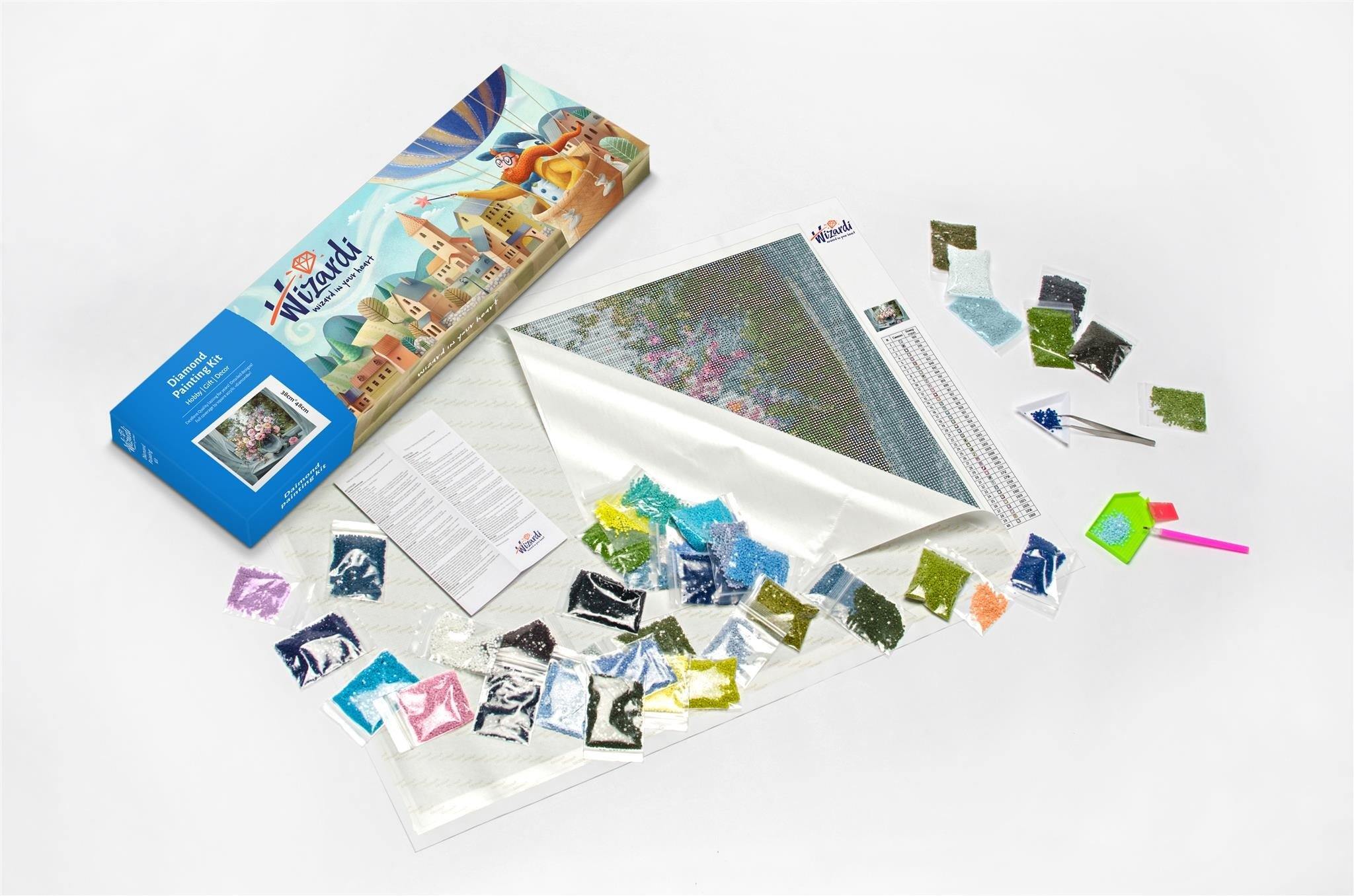 Wizardi Diamond painting kit featuring a self-adhesive canvas, square acrylic diamonds, and crafting tools in designer packaging.
