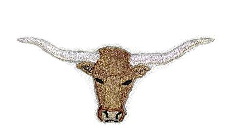 Longhorn embroidered iron-on patch measuring 5 inches by 2.5 inches, featuring intricate stitching and vibrant colors on a cotton base.