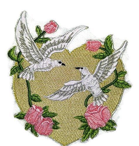 Love Doves with Heart embroidered patch, 5x7 inches, showcasing vibrant colors and intricate design.