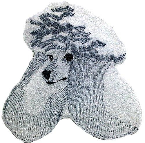 Lovely Poodle dog face embroidery patch, measuring 5 inches by 4.72 inches, featuring vibrant colors and intricate stitching.