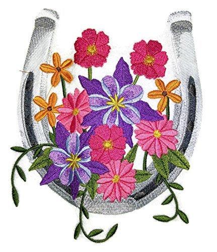 Lucky Charm Horseshoe patch featuring wildflowers, ideal for iron-on or sew-on applications, showcasing vibrant colors and intricate embroidery.