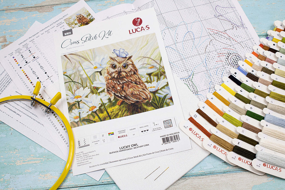 Lucky Owl B7011L Counted Cross-Stitch Kit with colorful threads and Aida canvas.