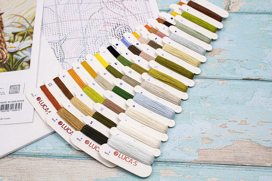 Lucky Owl B7011L Counted Cross-Stitch Kit with colorful threads and Aida canvas.