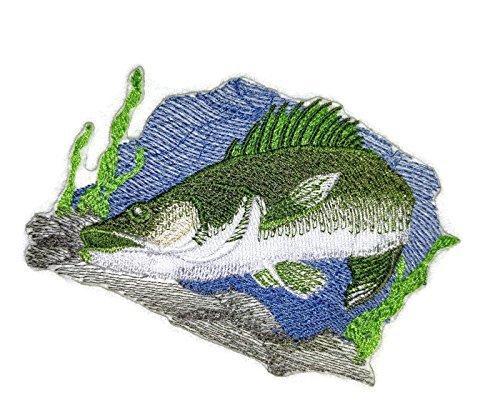 Lurking Walleye Fish embroidered patch, showcasing vibrant colors and intricate details, perfect for iron-on or sew-on applications.
