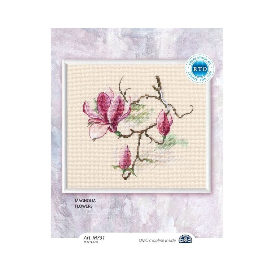 Magnolia flowers counted cross stitch kit with Aida14 fabric, DMC threads, and included accessories.
