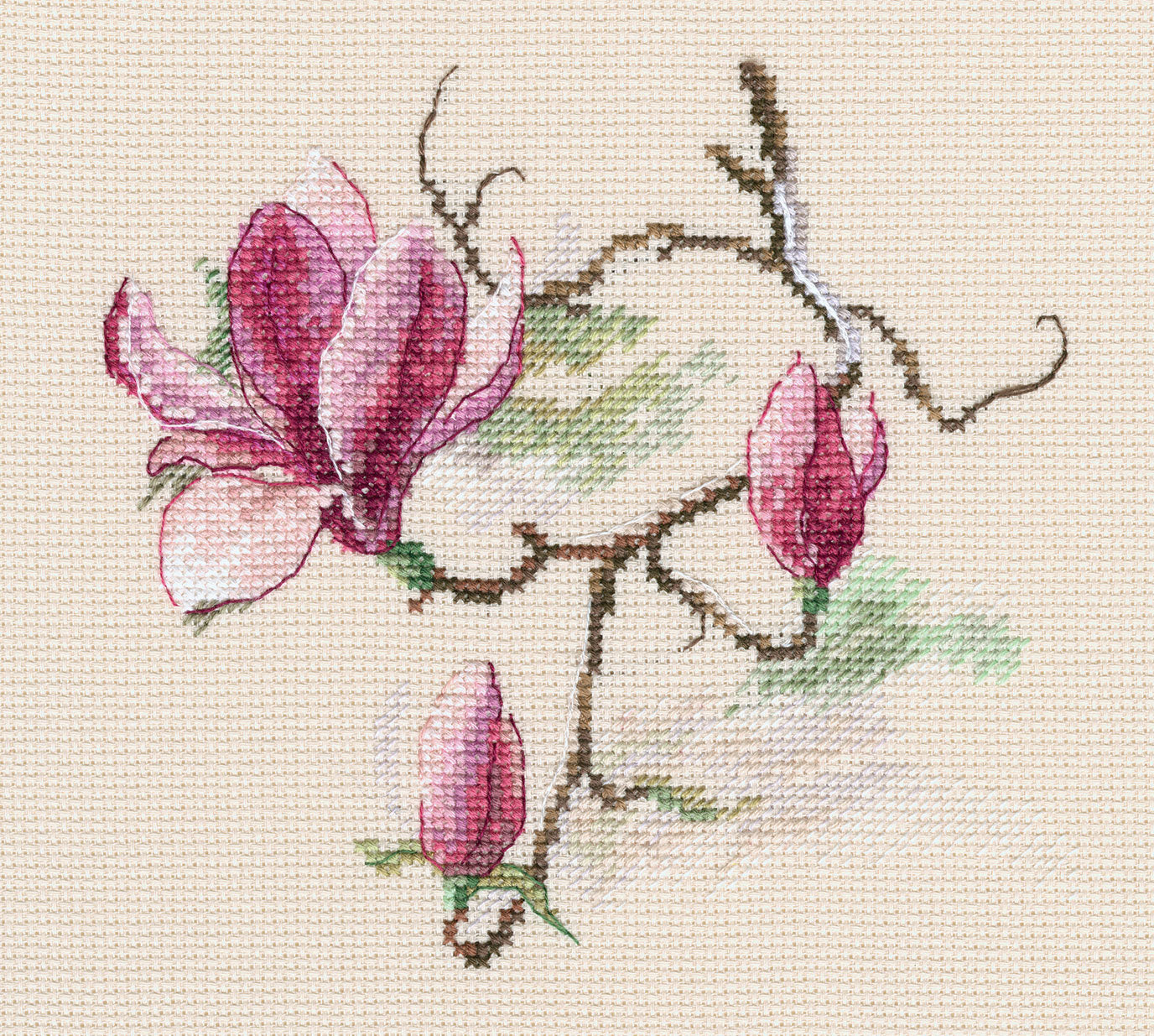 Magnolia flowers counted cross stitch kit with Aida14 fabric, DMC threads, and included accessories.
