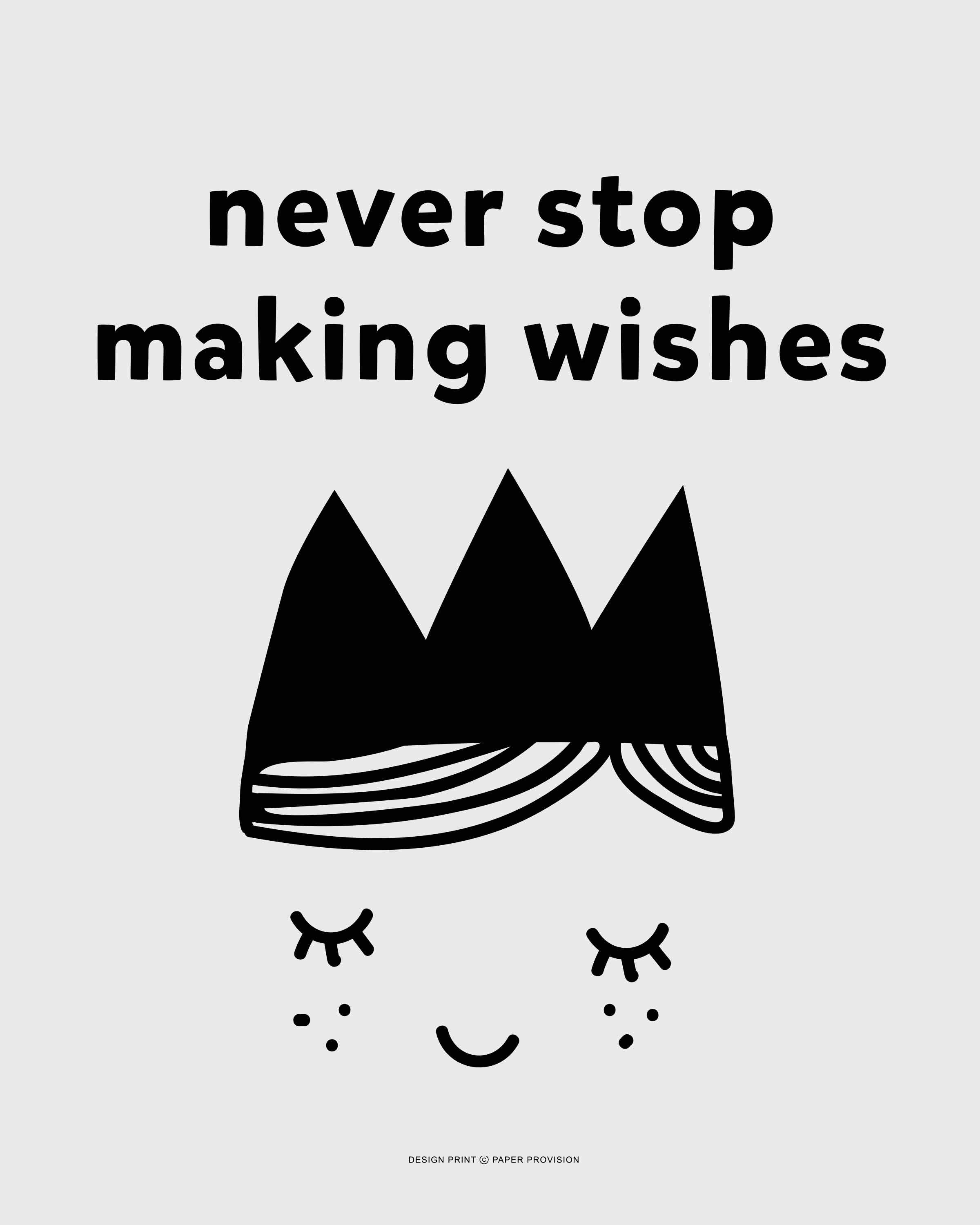 A beautifully designed print titled 'Make Wishes', featuring whimsical elements suitable for nursery and children's room decor.