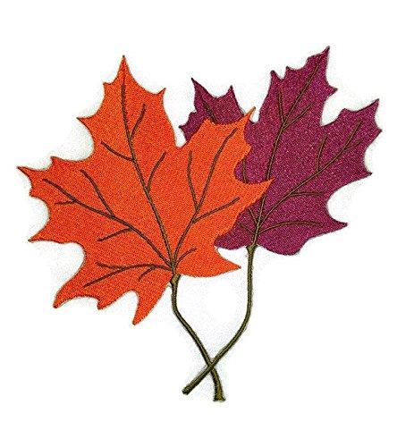 Maple Leaf Pair embroidered patch, showcasing vibrant colors and intricate design on a cotton base, ideal for iron-on or sew-on application.