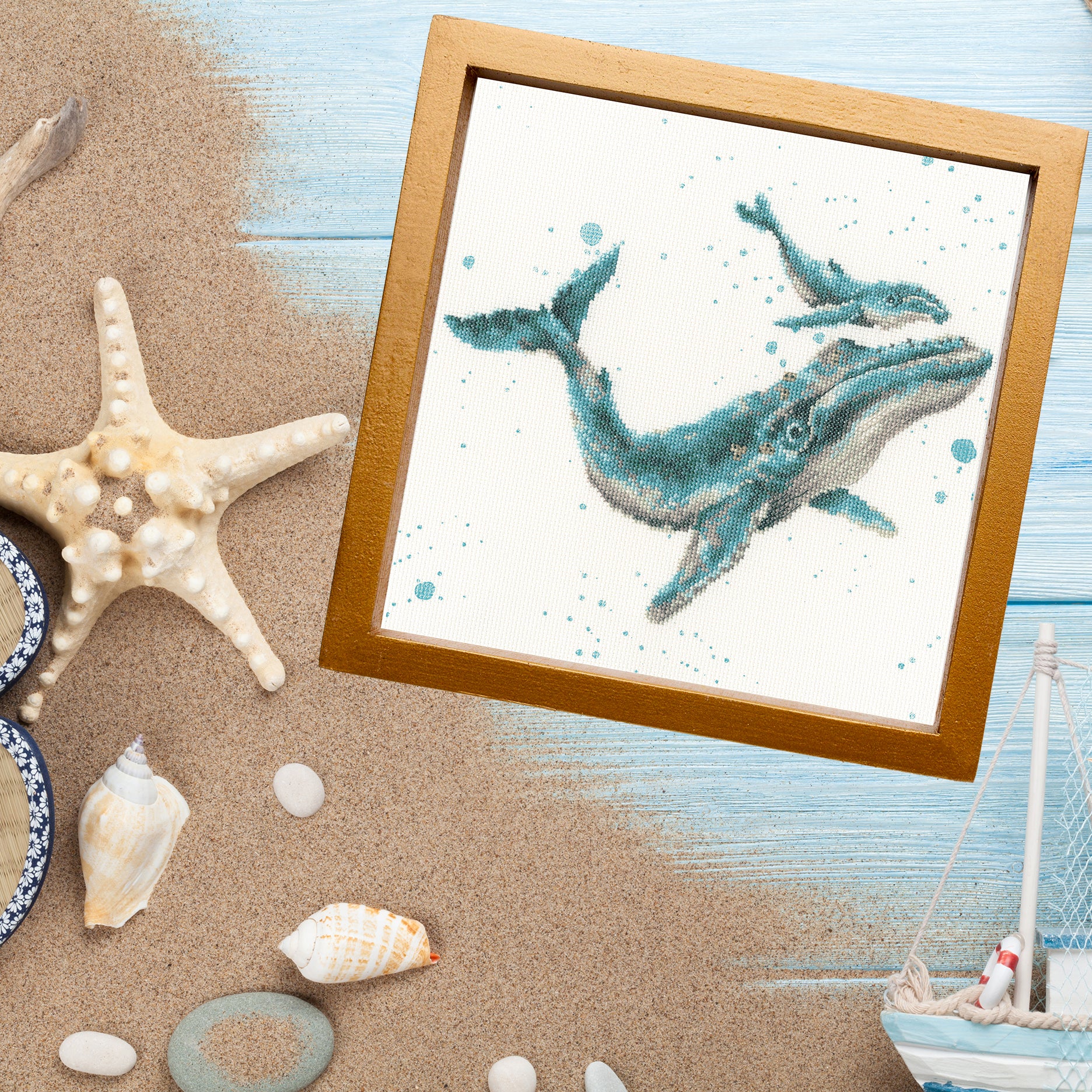 Marine Blue XHD113 Counted Cross Stitch Kit featuring blue bubble background, threads, needle, and instructions.