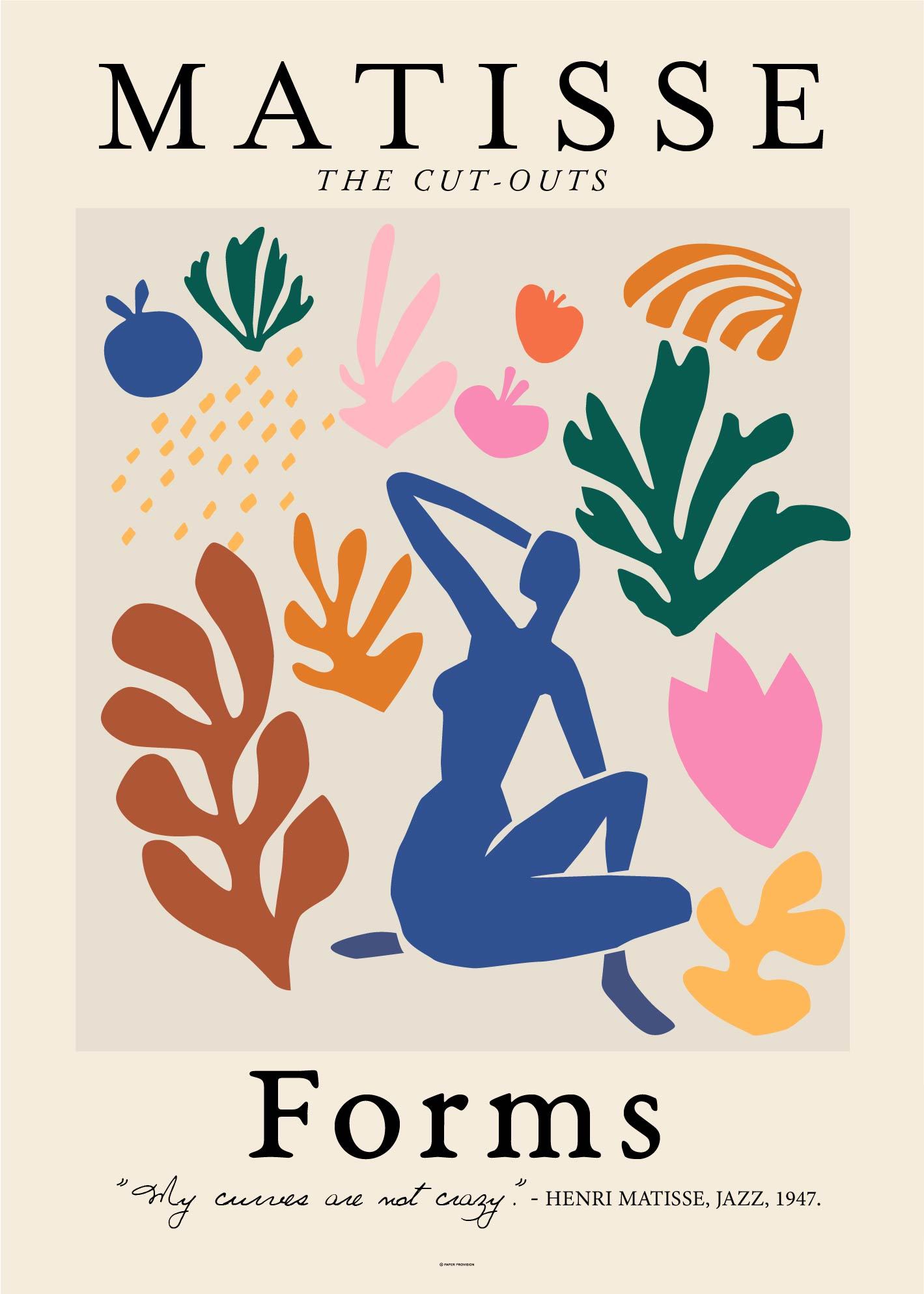 A vibrant print from the Matisse Forms collection featuring colorful paper cutouts inspired by Henri Matisse's artistic style.