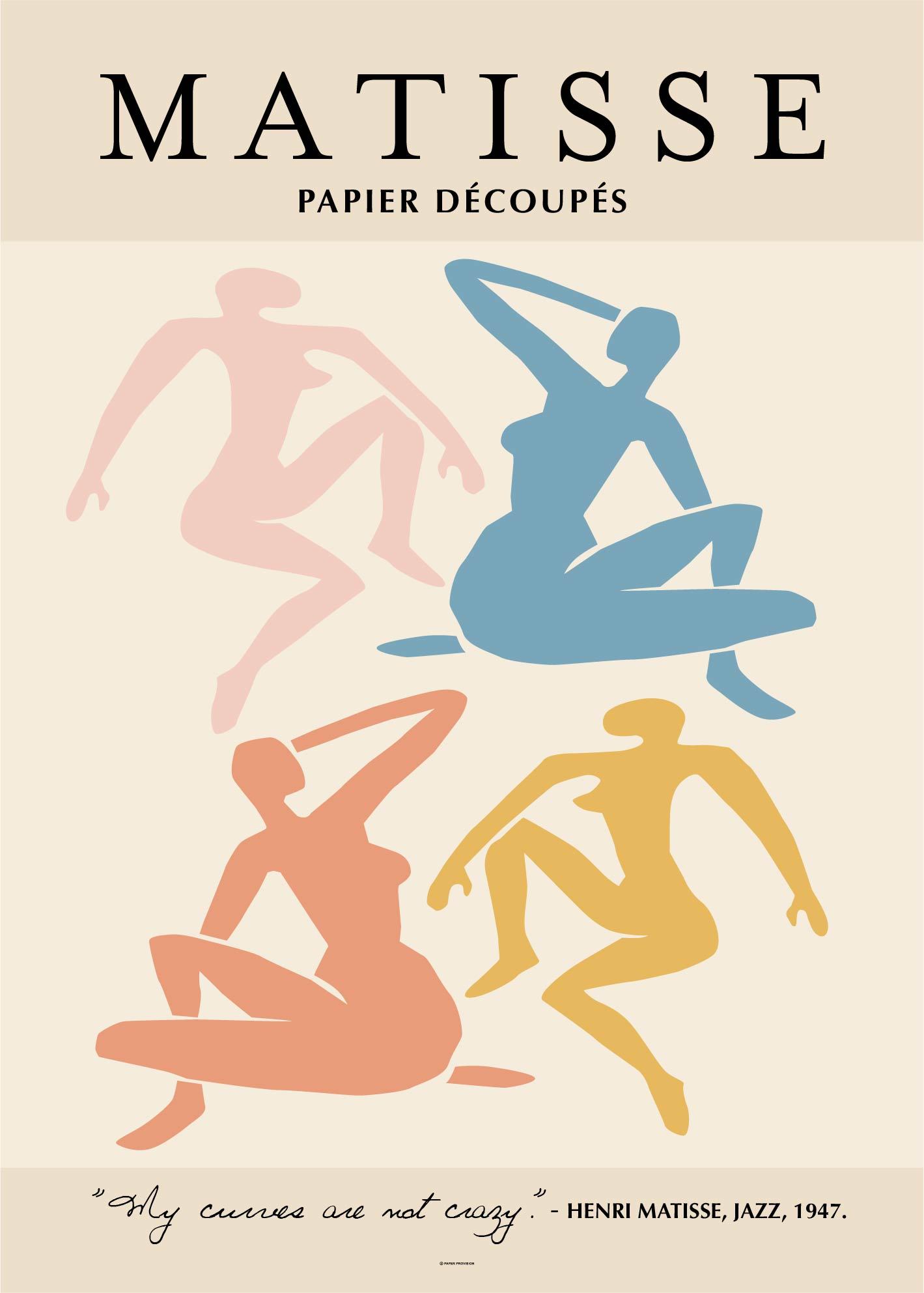 A vibrant art print from the Matisse Nudes collection, showcasing colorful paper cutouts inspired by Henri Matisse's unique artistic style.