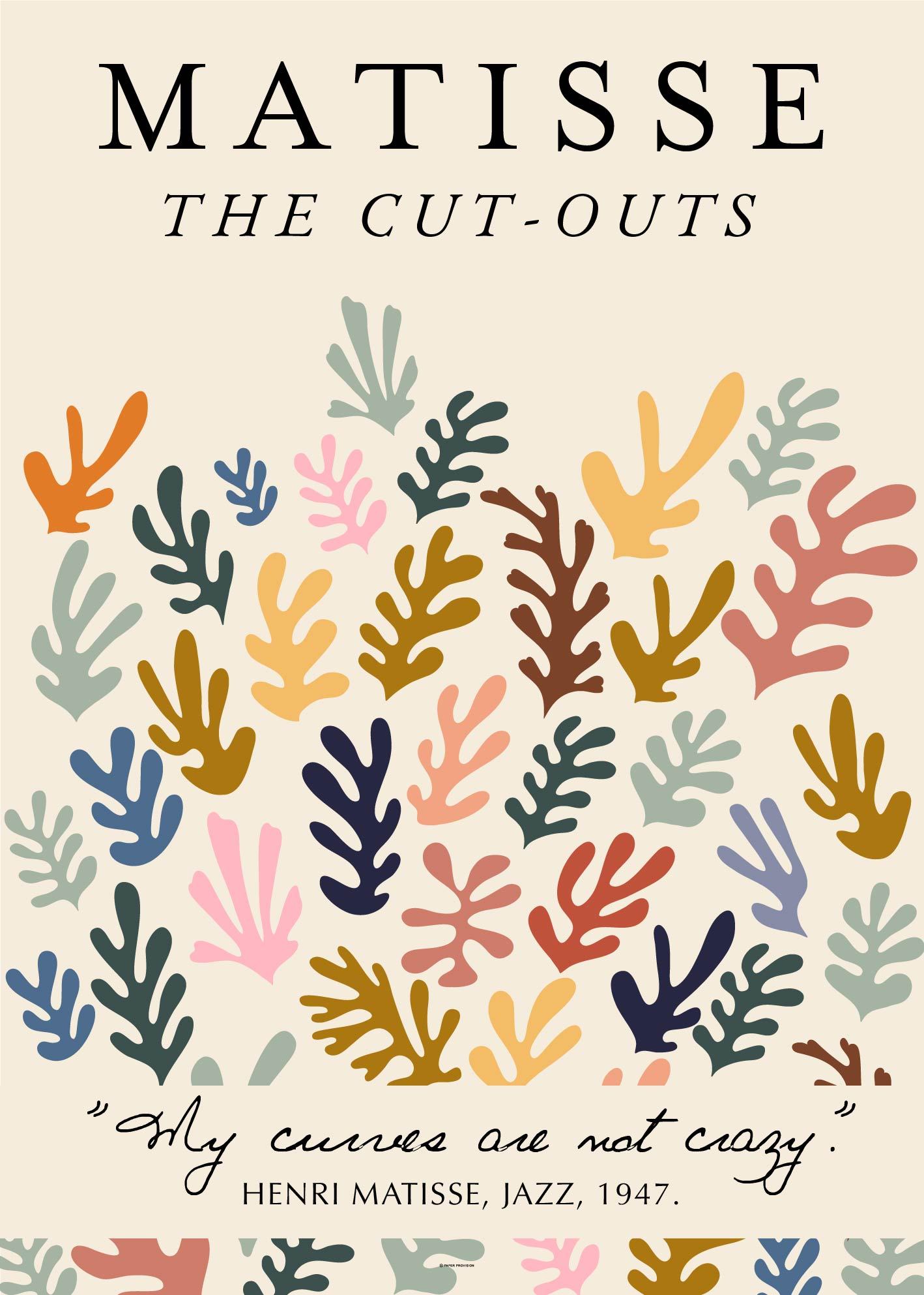 A vibrant collection of Matisse-inspired cutouts featuring colorful shapes of plants and abstract figures, showcasing artistic creativity.