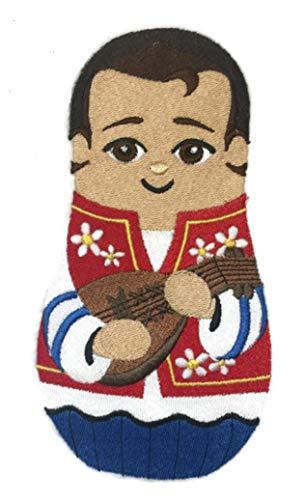 Custom Matryoshka Doll embroidered patch featuring Kobza portrait, ideal for iron-on or sew-on application.