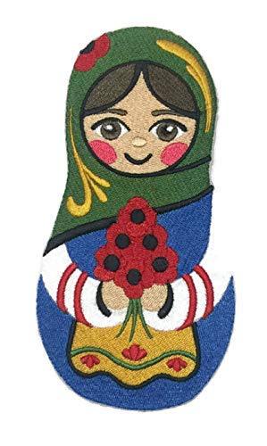 Embroidered Matryoshka Doll patch featuring vibrant poppies, ideal for garments.