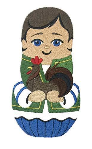 Embroidered Matryoshka Doll patch featuring a rooster design, ideal for sewing or ironing onto garments.