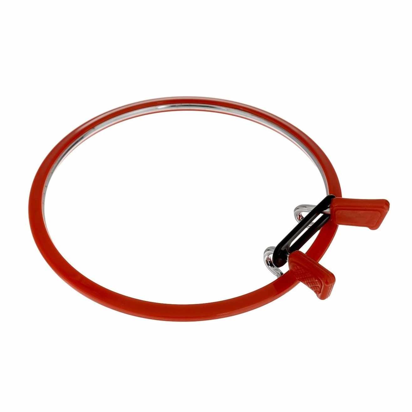 Nurge Medium Spring Metal Embroidery Hoop in Deep Red, showcasing its sleek design and spring tension mechanism.