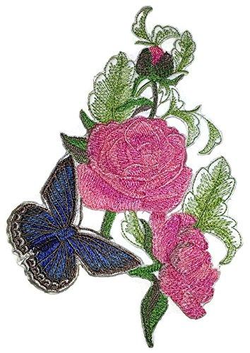 Meleager's Blue Butterfly and Roses embroidered patch featuring a vibrant blue butterfly surrounded by delicate roses on a cotton base.