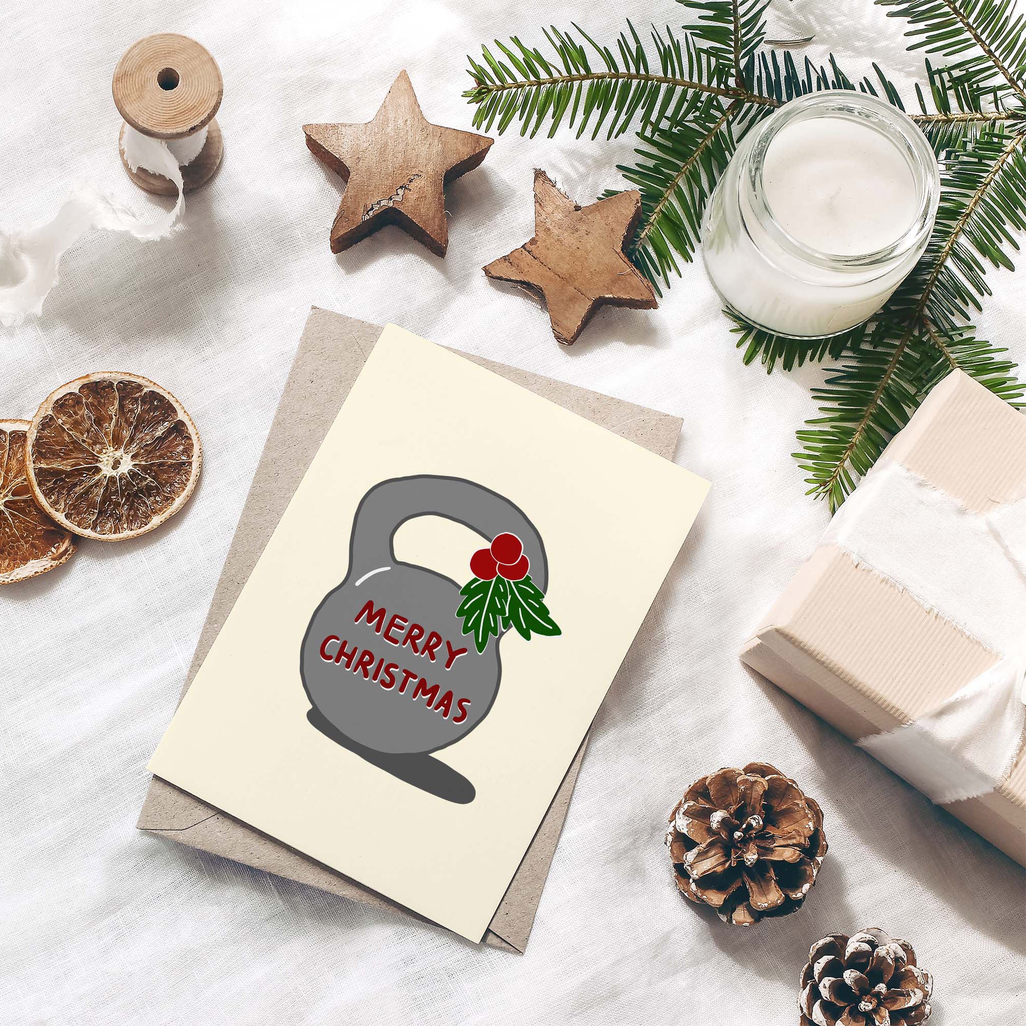 Merry Christmas kettlebell card featuring mistletoe design, perfect for fitness enthusiasts.