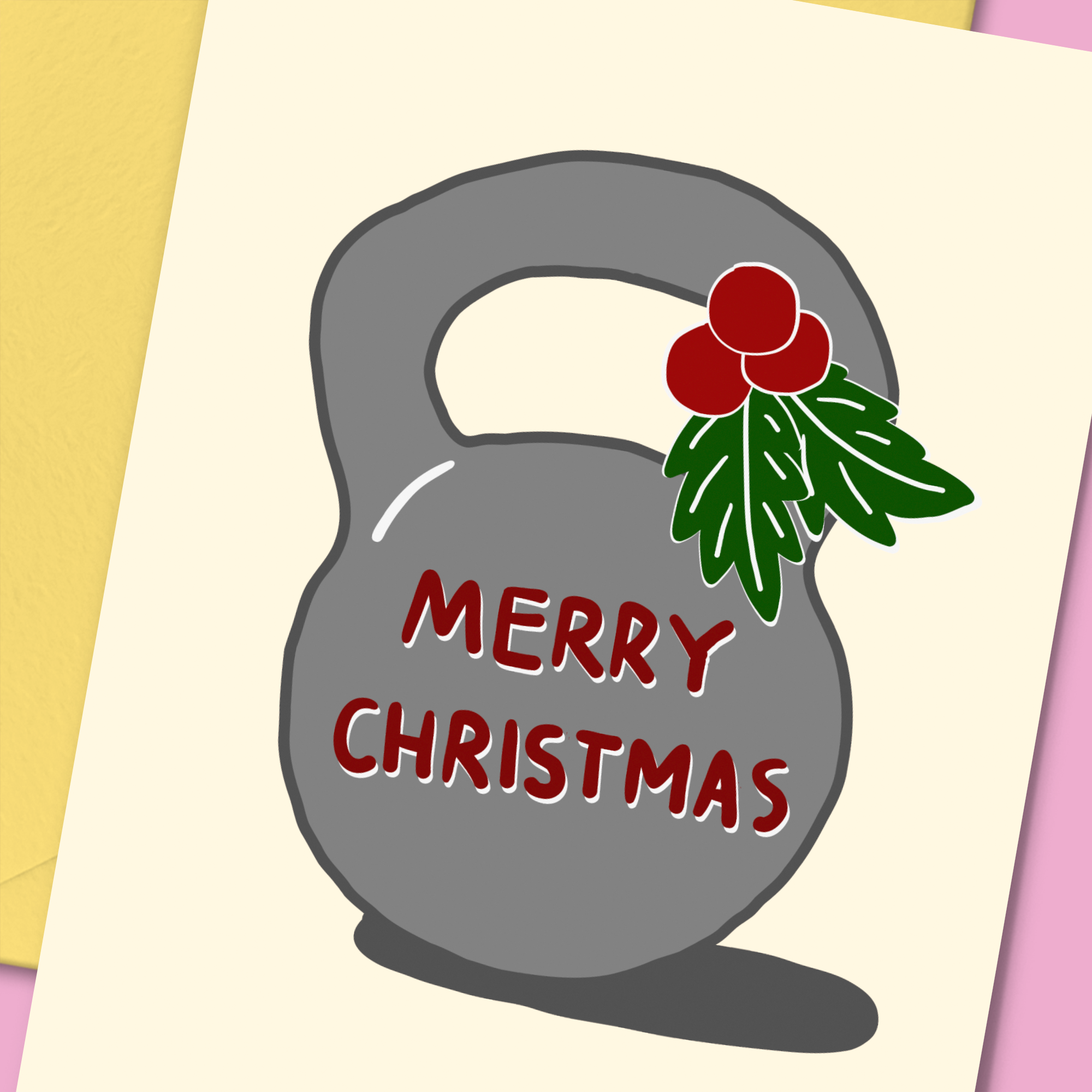 Merry Christmas kettlebell card featuring mistletoe design, perfect for fitness enthusiasts.