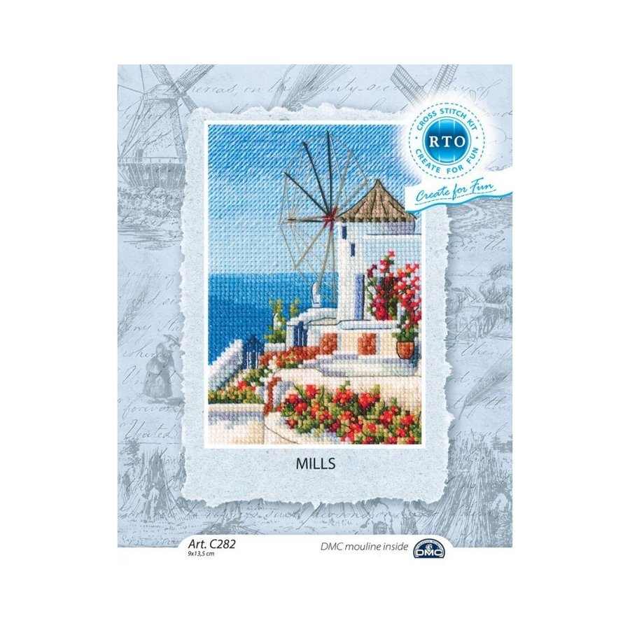 Mills C282 Counted Cross Stitch Kit featuring Aida fabric, DMC threads, and included accessories.