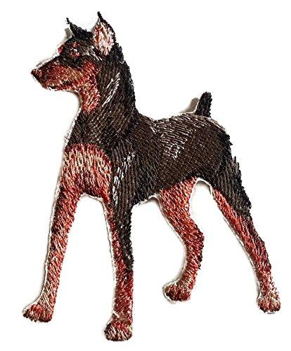 Miniature Pinscher dog embroidery patch, 4.5" x 4.2", featuring vibrant colors and intricate design, suitable for iron-on or sew-on application.