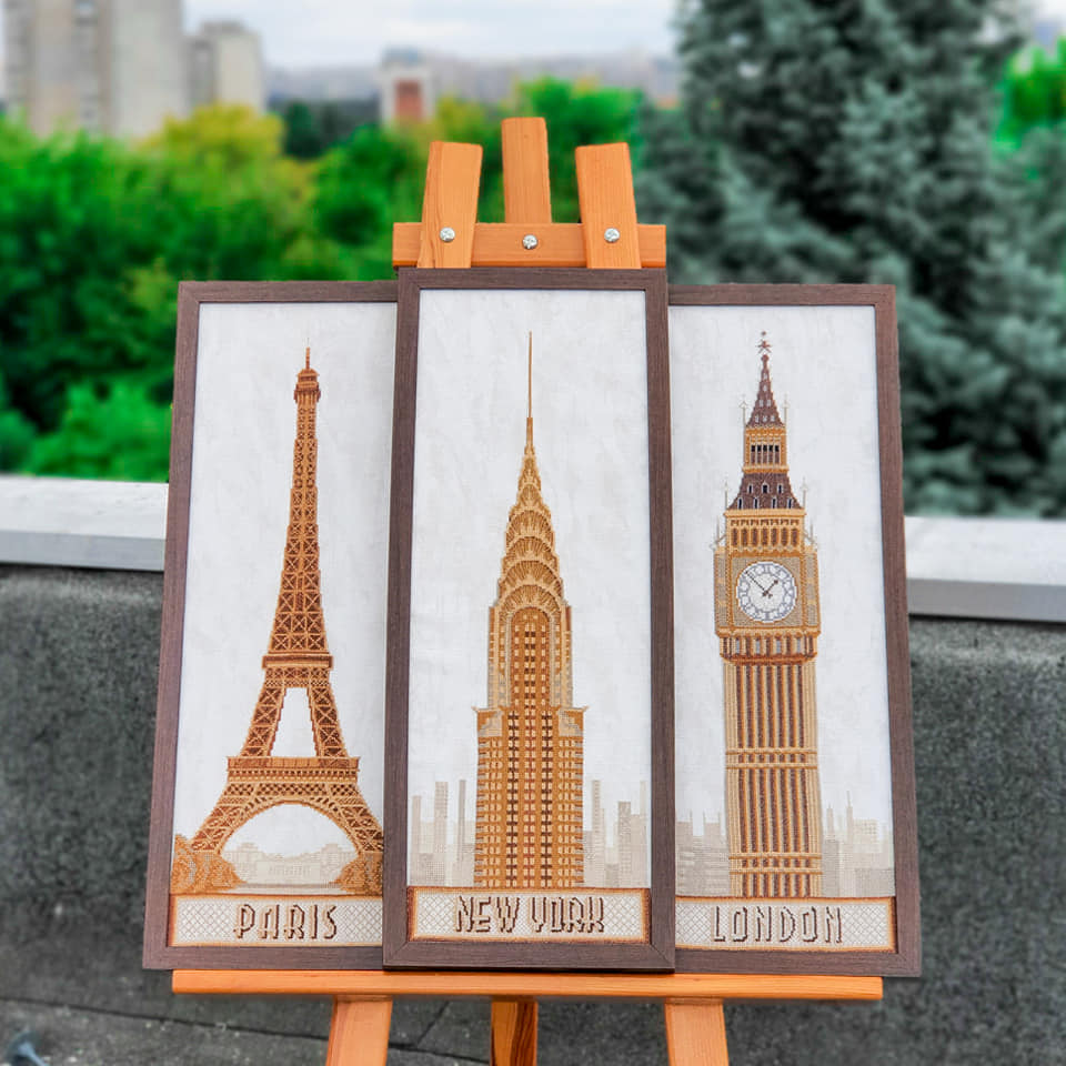 Mixed Technique Stitch Kit M-191C 'London' featuring cross stitch pattern, Aida fabric, threads, beads, and needles.