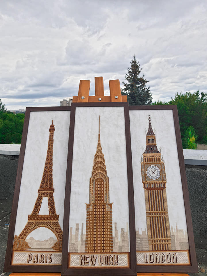 Mixed Technique Stitch Kit M-191C 'London' featuring cross stitch pattern, Aida fabric, threads, beads, and needles.