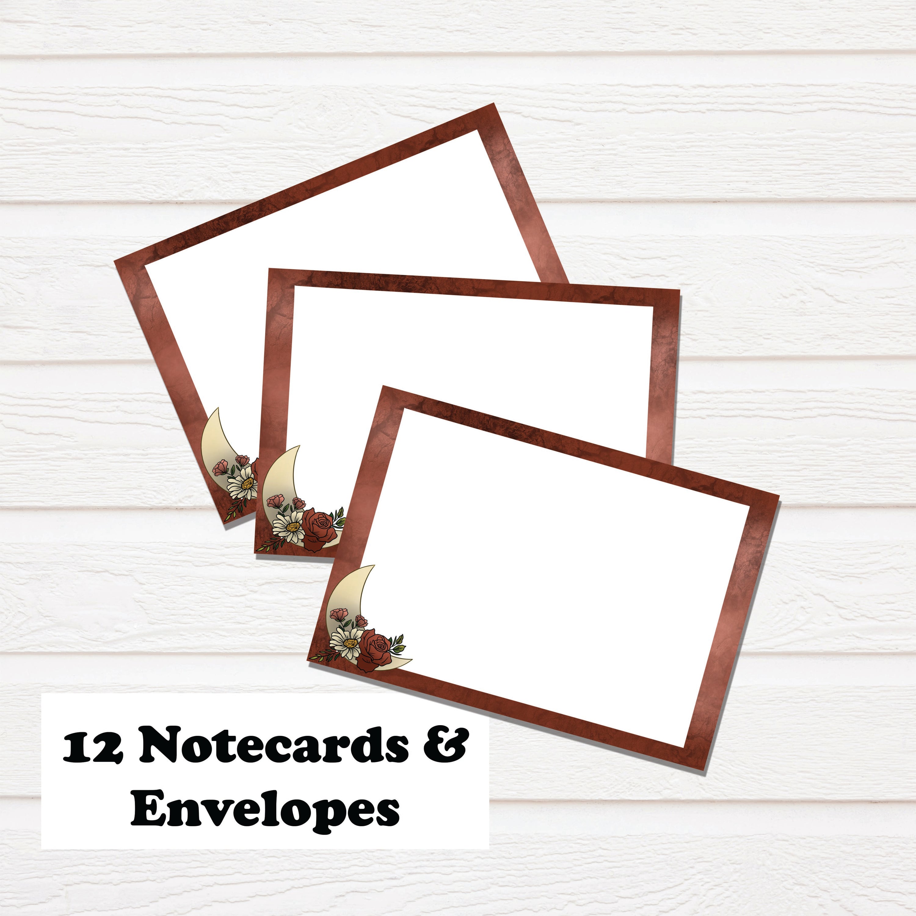 Moon Notecard Stationary Set featuring 12 hand-drawn notecards and matching white linen envelopes in a clear box.