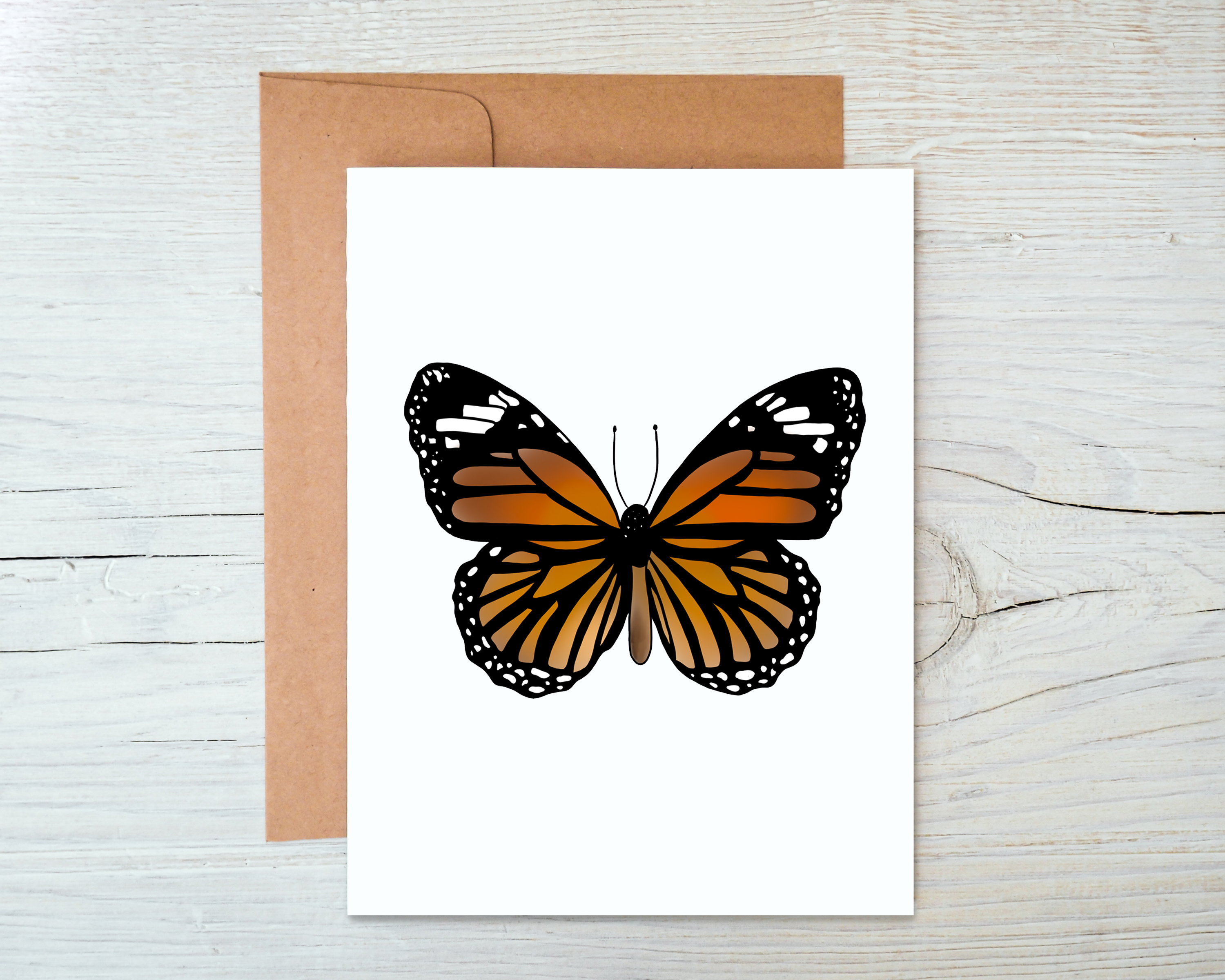 Monarch Butterfly Card featuring a vibrant butterfly design on the front, blank inside, accompanied by a Kraft envelope.