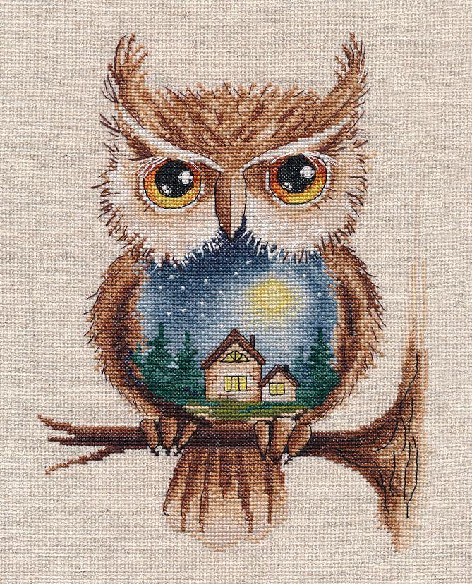 Moonlight Night 1368 Counted Cross Stitch Kit featuring linen canvas, colorful threads, and a color scheme guide.