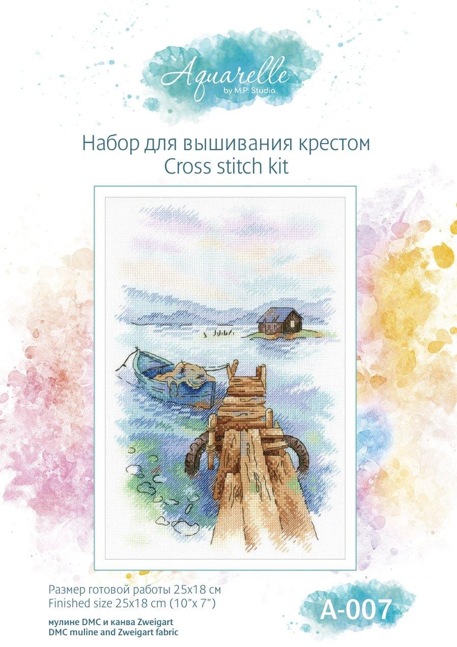 Morning at the Pier Cross Stitch Kit featuring a serene lake, boat, and wooden bridge with colorful DMC threads.