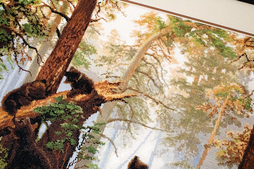 Morning in a Pine Forest B452L Counted Cross-Stitch Kit featuring Aida canvas, Anchor threads, and a needle.