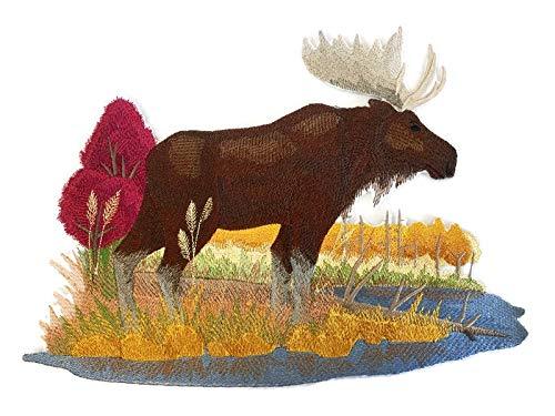 Moose in Autumn embroidered patch featuring a detailed moose design surrounded by autumn leaves, ideal for sewing or ironing onto garments.
