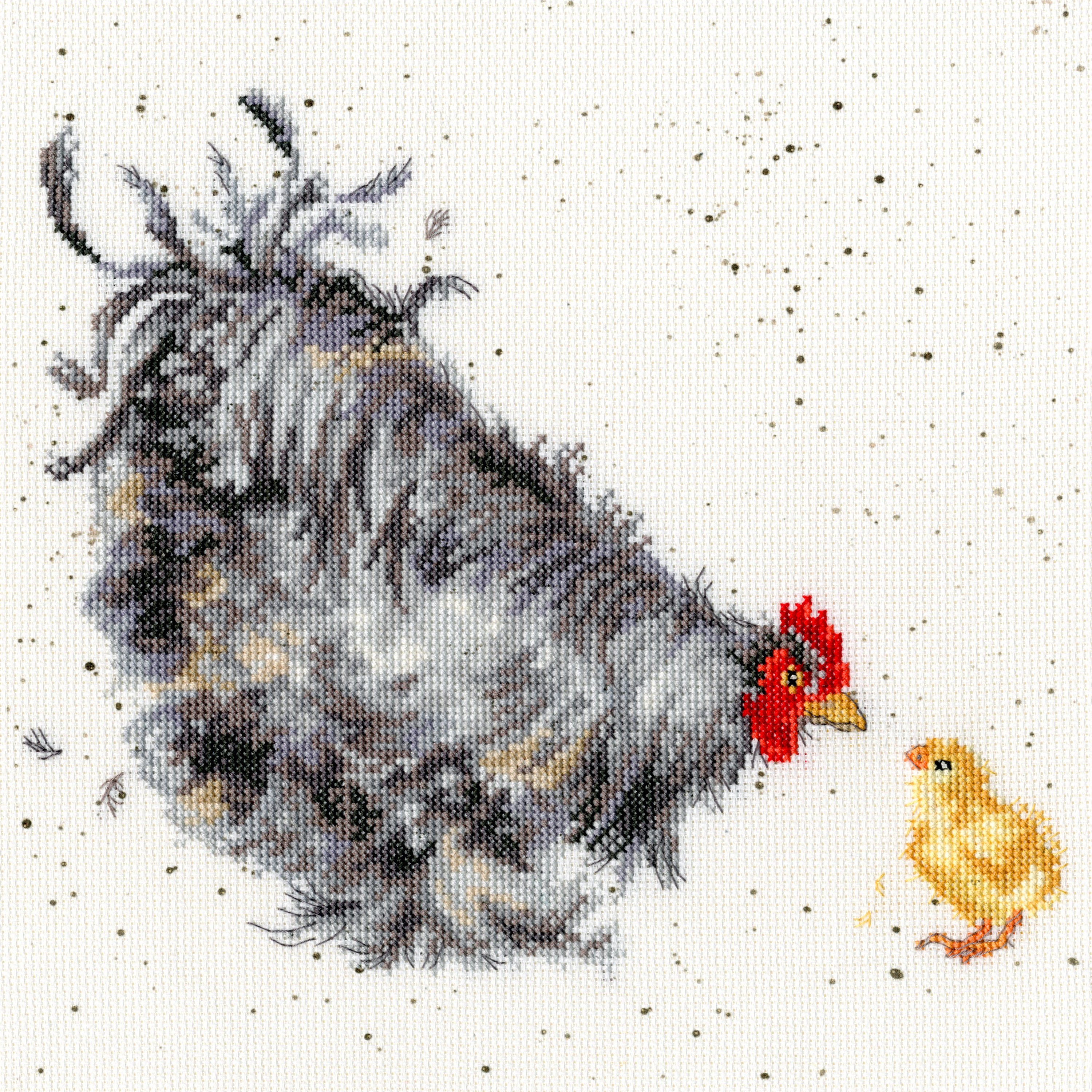 Mother Hen XHD50 Counted Cross Stitch Kit with 14 count Aida fabric, pre-sorted threads, needle, and instructions for crafting.