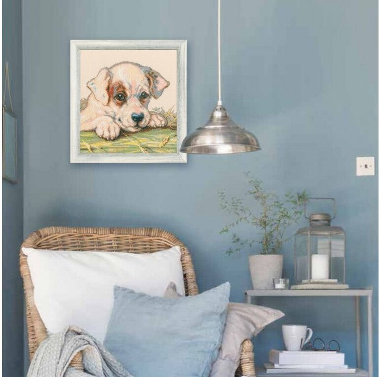 Motherhood Puppy M711 Counted Cross Stitch Kit featuring Aida fabric, DMC threads, and a charming puppy design.