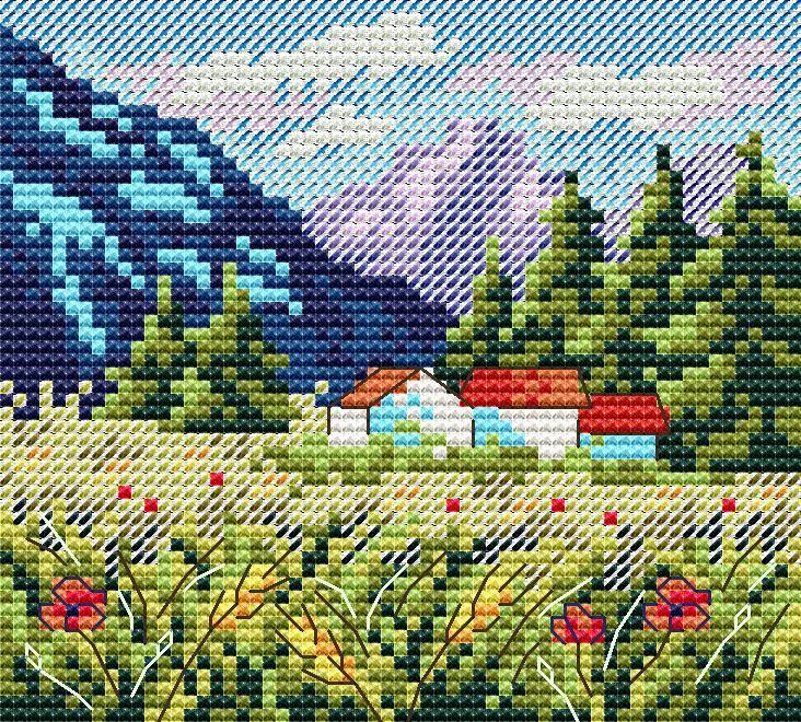 Mountain Landscape SM-614 Counted Cross Stitch Kit featuring Aida canvas, colorful threads, and needle for stitching.