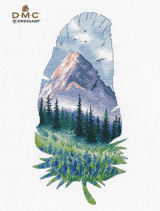 Mountain Landscape-2 Counted Cross Stitch Kit featuring vibrant threads and Zweigart canvas.