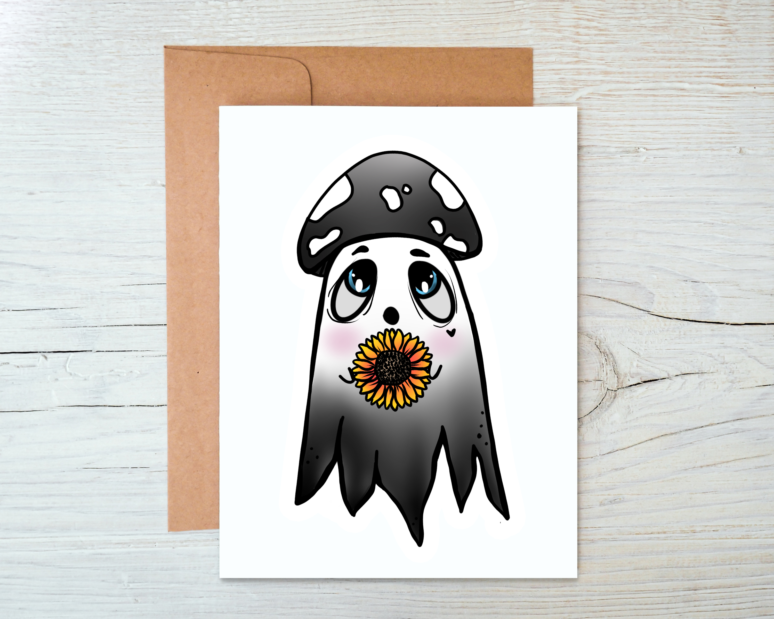 Mushroom ghost card with blank interior and kraft envelope, featuring whimsical design and high-quality paper.