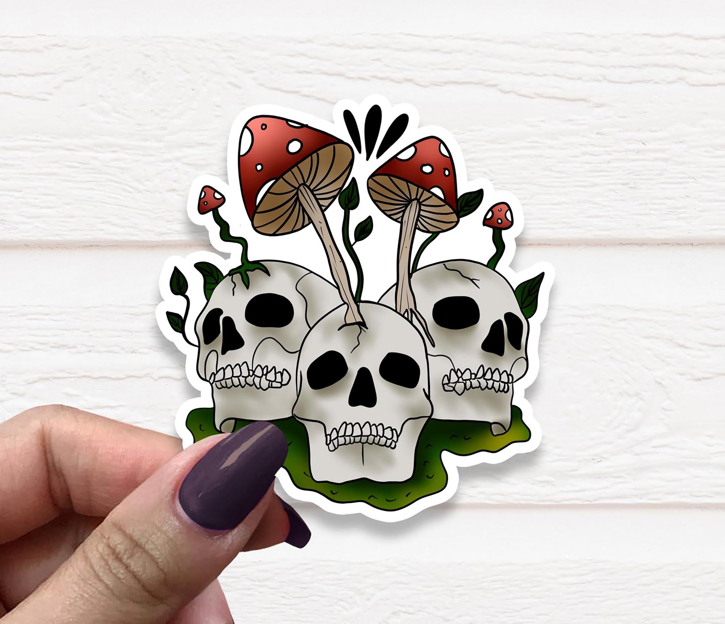 A vibrant Mushroom Skull Sticker on a white background, showcasing its unique design and matte finish.