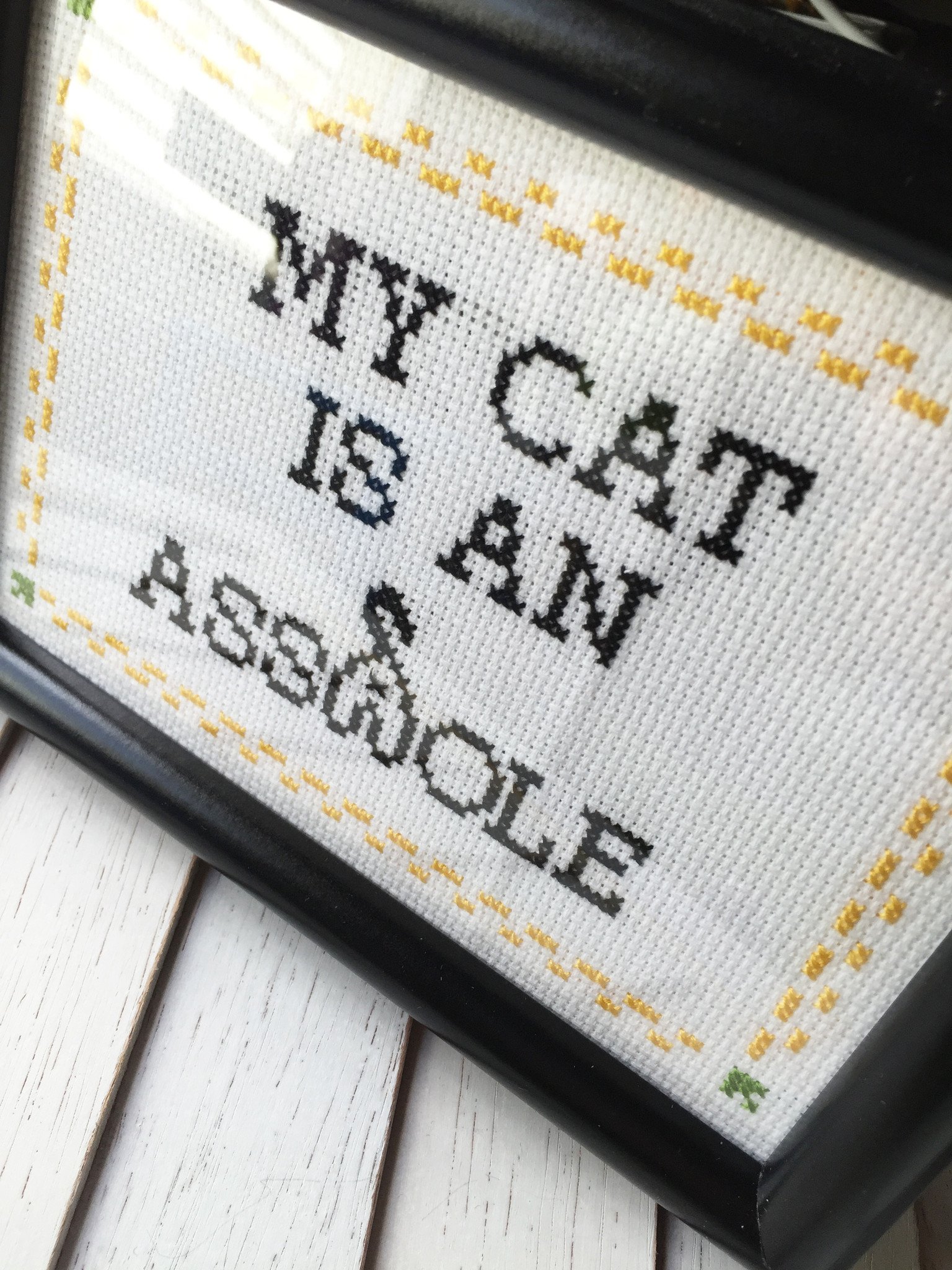 My Cat is an A**hole Counted Cross Stitch DIY Kit with colorful threads, Aida fabric, and a wooden hoop.