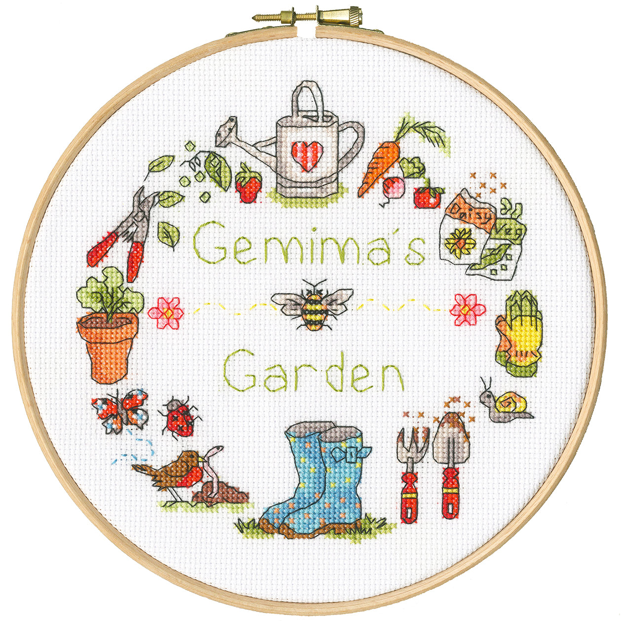 My Garden XHS14 Counted Cross Stitch Kit featuring white Aida fabric, colorful threads, and wooden hoop.