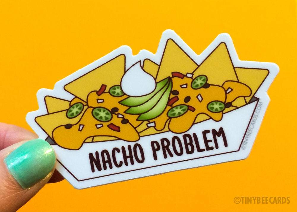 A colorful vinyl sticker featuring a plate of nachos with the pun 'Nacho Problem' designed for personalizing items.