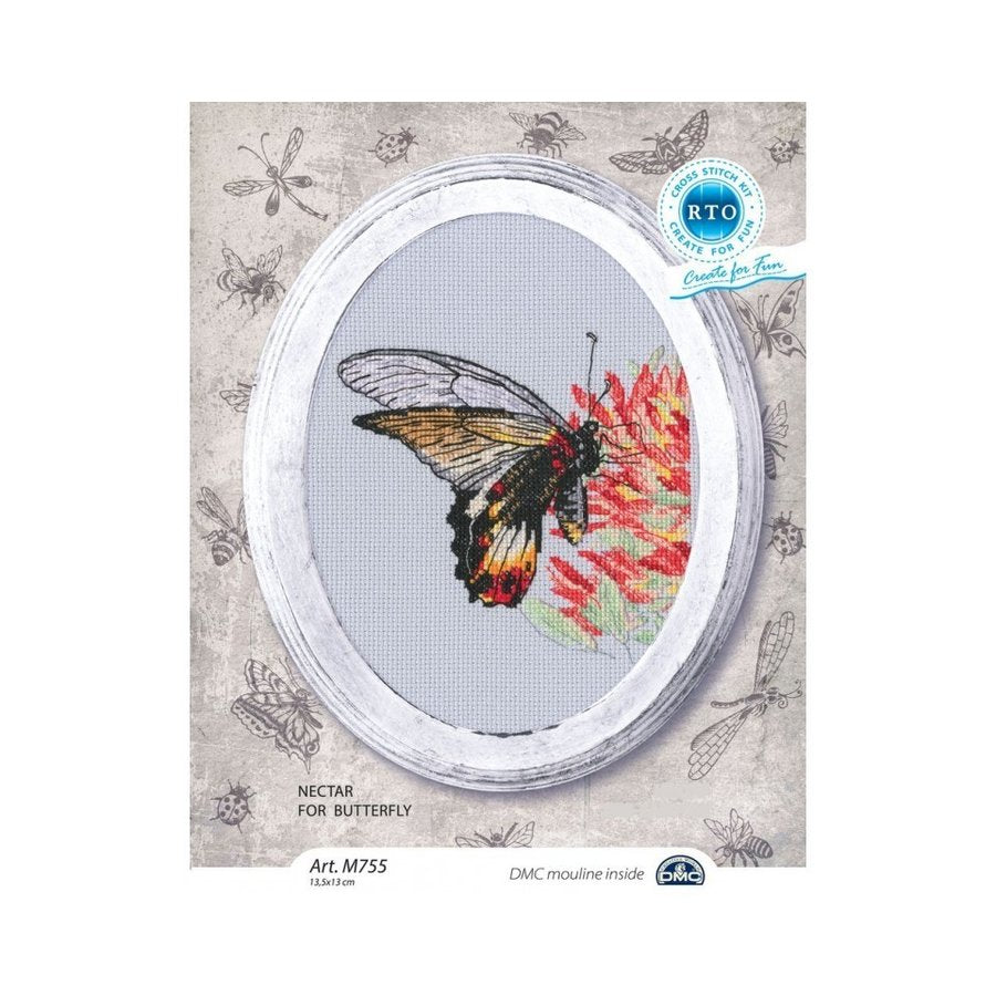 Nectar for Butterfly M755 Counted Cross Stitch Kit featuring Aida fabric, DMC threads, and a butterfly design chart.
