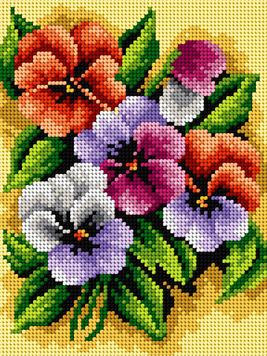Needlepoint canvas featuring A Bunch of Pansies design, perfect for halfstitch techniques, printed on high-quality Zweigart material.