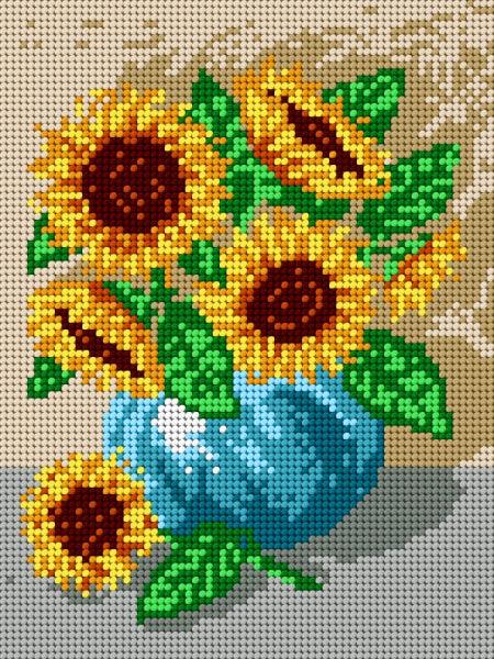 Needlepoint canvas featuring a vibrant bouquet of sunflowers, designed for halfstitch technique, measuring 18x24 cm.